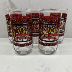 Set of 5 Vintage McDonalds Coca Cola Drinking Glasses Red Stainglass Retro Coke